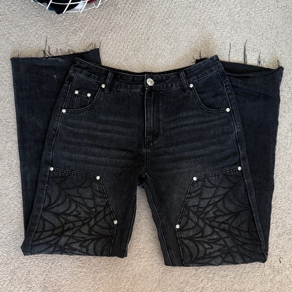 Men's Black Denim Pants with Web Design